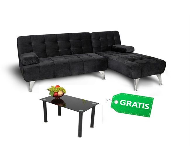 Sofá-cama com chaise longue e mesa de apoio Preto