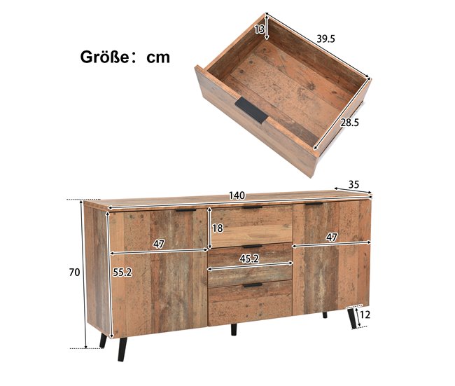 Aparador de painel de partículas com 2 portas e 3 gavetas Castanho
