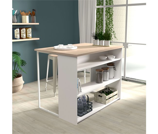 Mesa auxiliar de ilha de cozinha alta Buh Branco/ Madeira