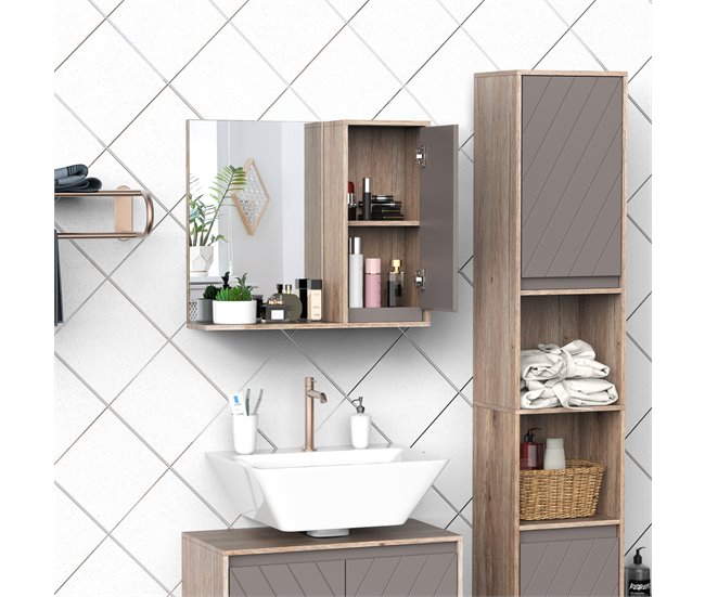 Armário de banheiro com espelho MDF, melamina de madeira HOMCOM 57 Castanho