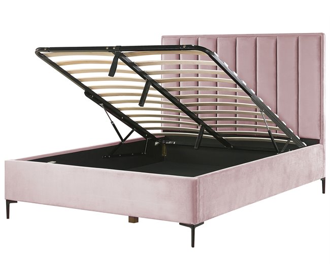 Beliani Cama com armazenamento Veludo SEZANNE 170x215 Rosa