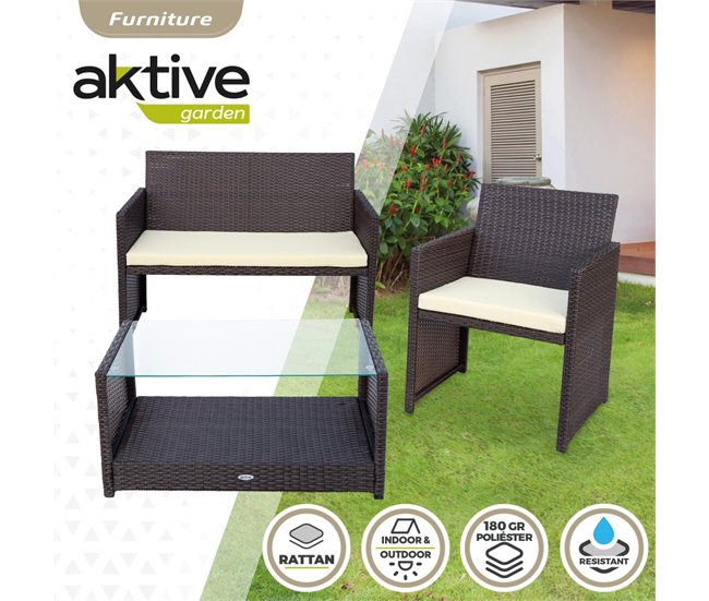 Conjunto de mobiliário de terraço em rotim 3 cadeirões e 1 mesa Aktive Preto