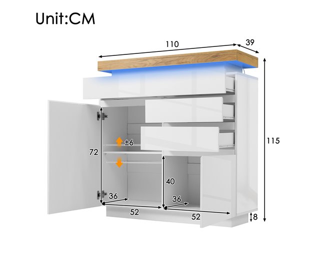 Aparador de painel de partículas com 2 portas e 3 gavetas Natural/ Branco