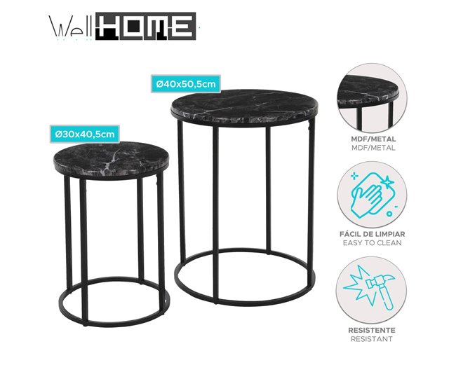Well Home Conjunto de 2 mesas em mdf e metal Preto