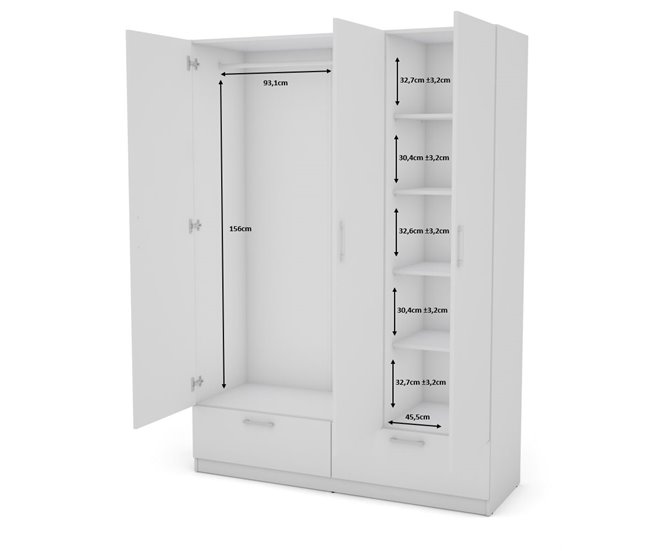 Roupeiro OSLO portas batentes e 2 gavetas 144x200cm branco Branco