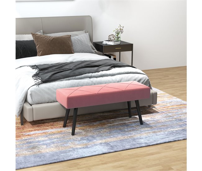 Banco de Pé de Cama Veludo (100% poliéster), esponja e aço HOMCOM Rosa