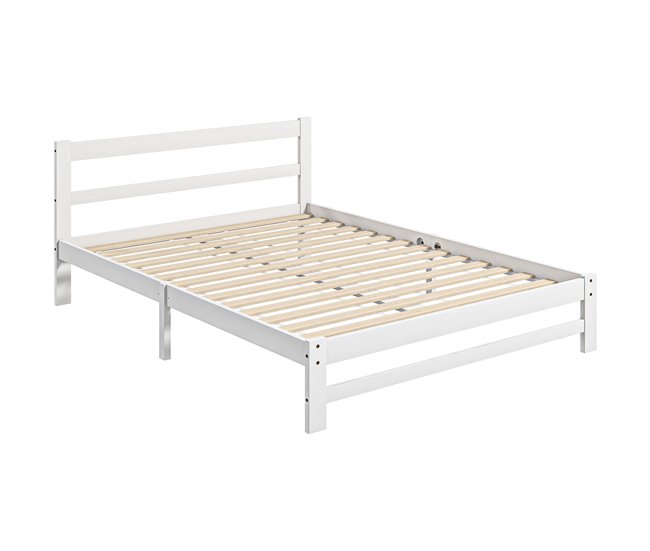 Estrutura de Cama de Casal Madeira de pinho HOMCOM, casa - quarto Branco