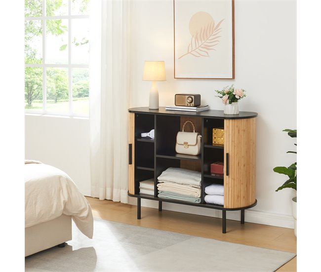 Armário lateral Tvedestrand 2 portas de correr [en.casa] 100 Preto/ Madeira