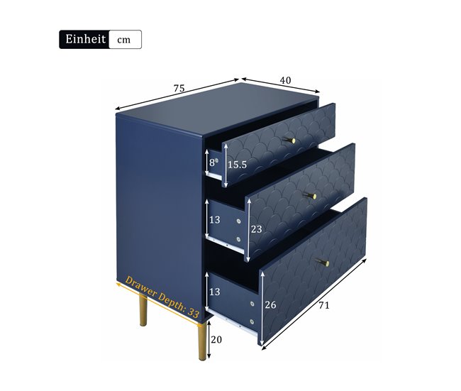 Armário Auxiliar com 3 Gavetas e Pés Metálicos Azul