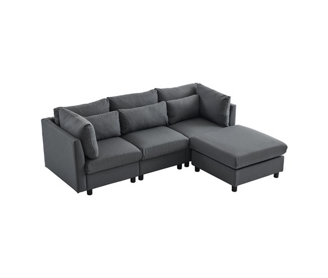 Sofá de canto modular com chaise longue reversível e estofo em tecido cinzento, design moderno com almofadas espessas e assento largo, ideal para sala de estar, apartamento ou espaço de convívio