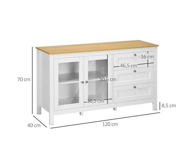 Aparador MDF, Painel de Partículas e Vidro HOMCOM 120 Branco