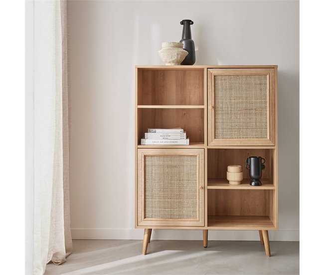 Aparador de arrumação de estilo boémio com efeito cana e madeira, 90 Madeira