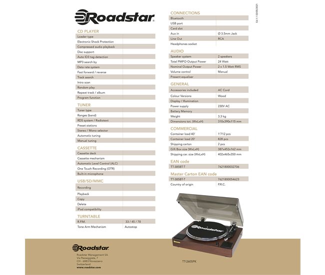 Gira-Discos Roadstar TT-260SPK Madeira