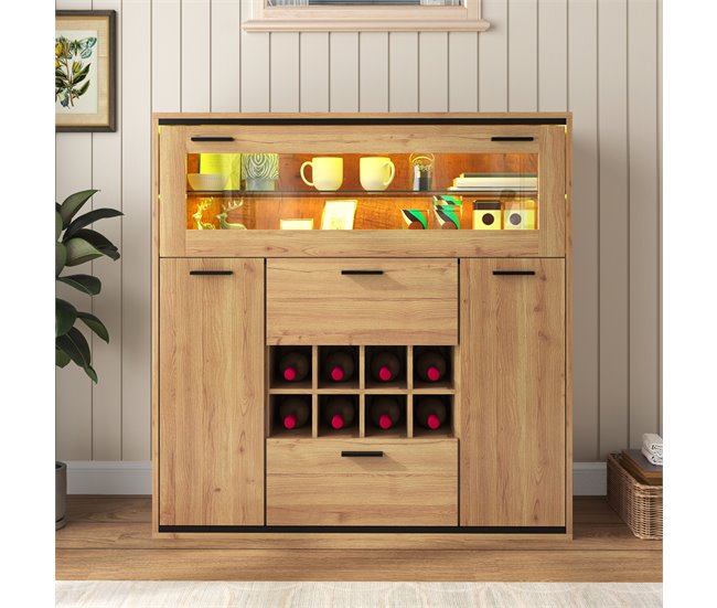 Aparador de painel de partículas com 3 portas e 2 gavetas Natural