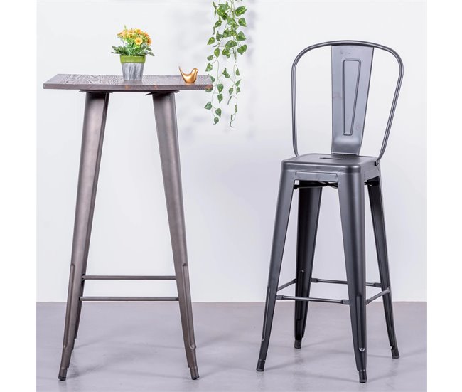 Banqueta metálica em aço lacado com encosto alto (76cm) - Bistro Preto