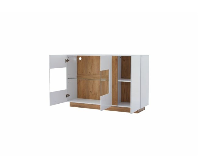 Aparador com vidro, 3 portas e iluminação LED Branco
