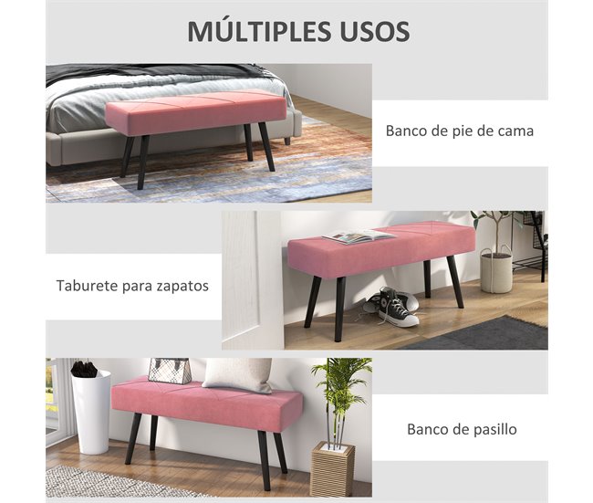 Banco de Pé de Cama Veludo (100% poliéster), esponja e aço HOMCOM Rosa