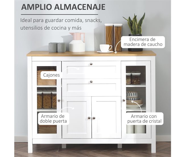 Aparador de Cozinha MDF e Vidro Temperado HOMCOM, casa - cozinha 120 Branco