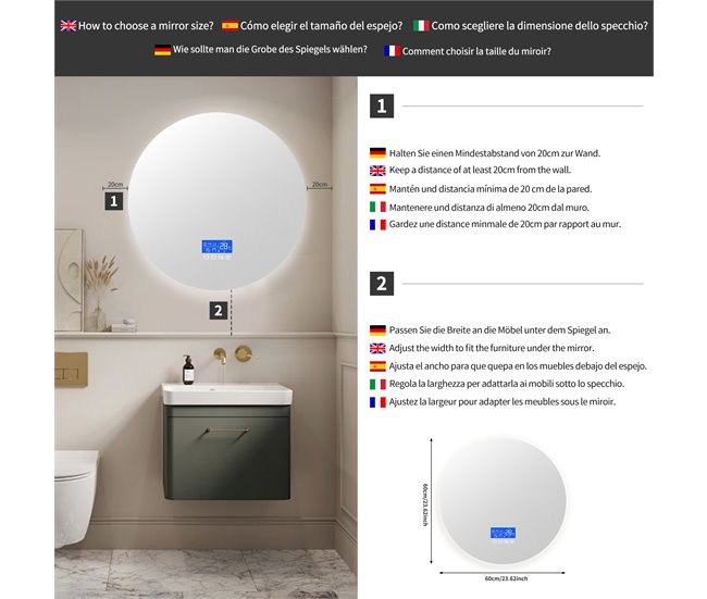Espelho redondo LED para banheiro 80x4 Transparente