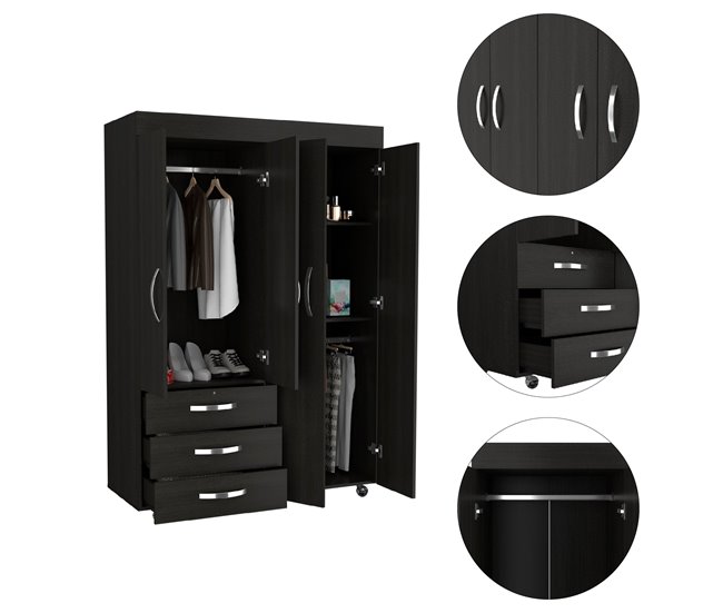 Armário móvel sobre rodas Denver com 4 portas e 3 gavetas Preto