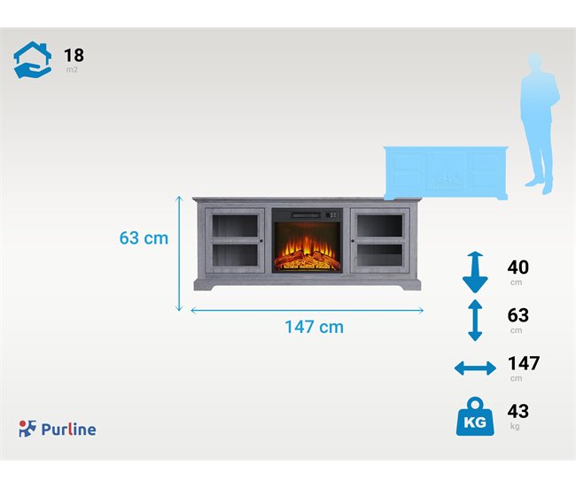Aparador com lareira eléctrica 2000W Cinza