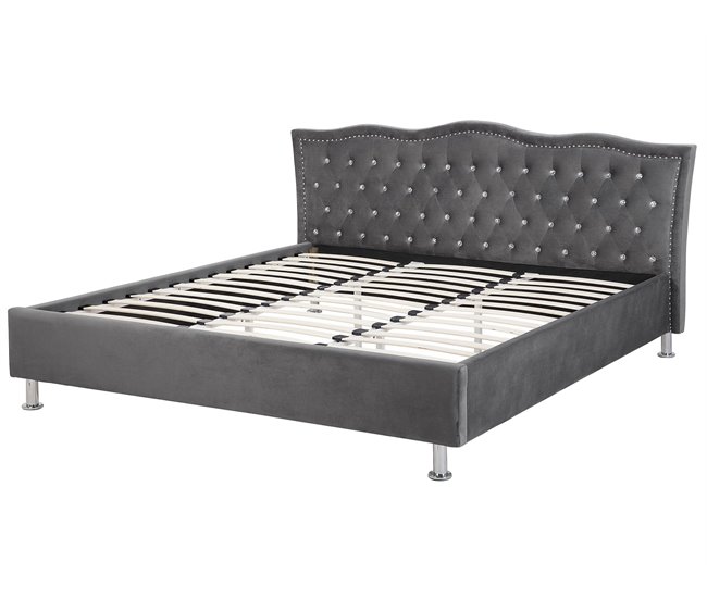 Beliani Cama con almacenaje Terciopelo METZ 209x215 Cinza Escuro