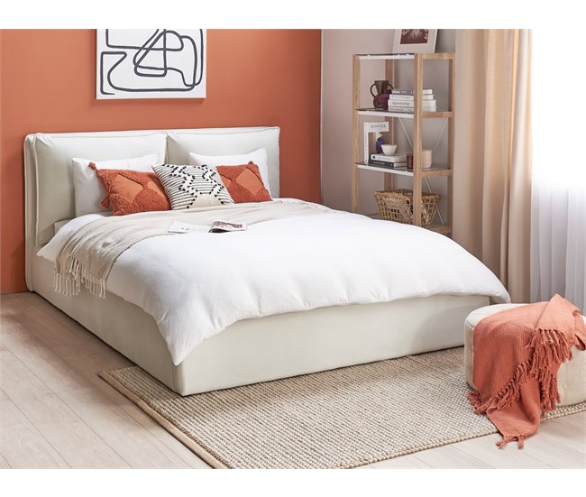 Beliani Cama com armazenamento Veludo BAJONNA 184x235 Branco/ Bege