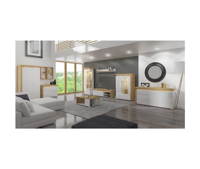 Aparador LED de 3 portas Teo 159 Branco/ Madeira