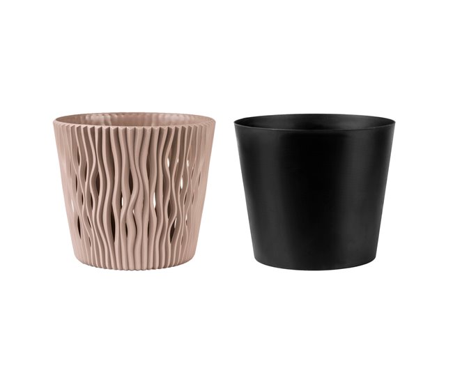 3x plantas redondas de plástico Sandy Round Castanho Claro