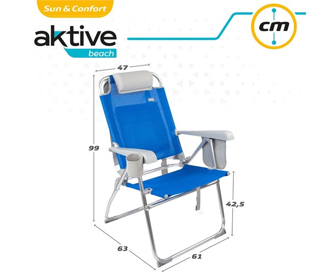 Cadeira de praia dobrável super resistente com almofada, saco e bolso 47x63x99 cm Aktive Azul