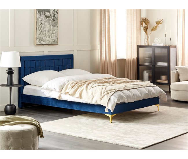 Beliani Cama com estrado Veludo LIMOUX 147x213 Azul Marino