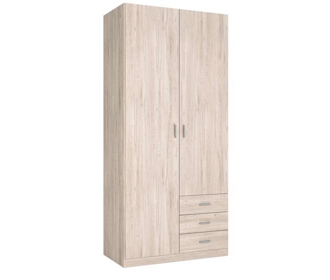 Guarda-roupa Roma com 2 portas e 3 gavetas, estilo moderno Madeira Clara