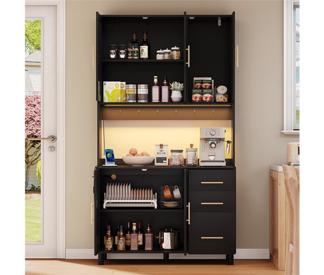 Vitrine alta em efeito madeira e rattan com tomadas integradas Preto/ Madeira