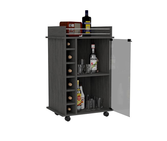 Bar Trolley Dukat, com rodas e porta de vidro 55 Carvalho Cinza