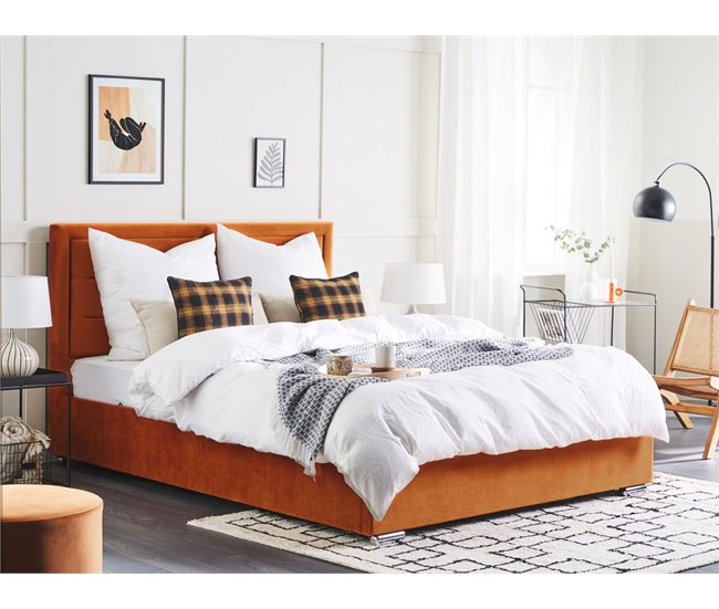Beliani Cama com armazenamento Veludo ROUEN 168x214 Laranja
