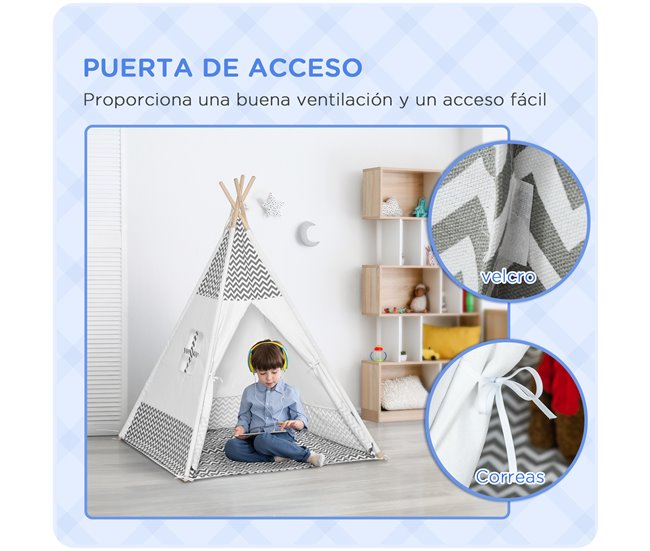 Tenda Tipi Infantil Madeira de Pinho, Poliéster e Algodão HOMCOM Cinza