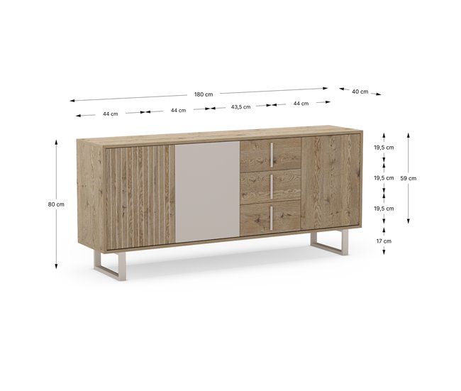 Aparador de 3 portas YAMIL em carvalho e vison Cinza/ Madeira