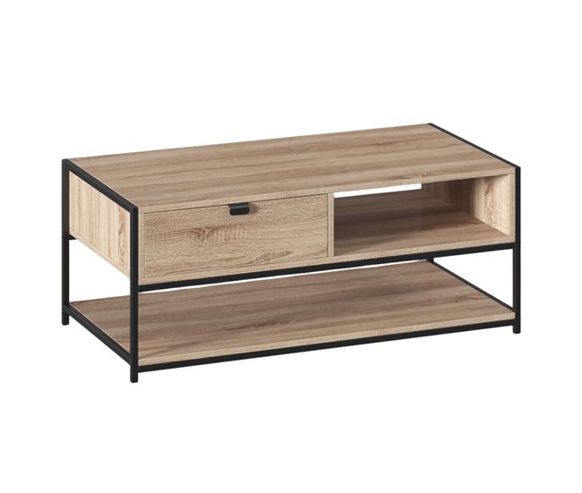 Mesa de centro Aliaj com 1 gaveta estilo industrial Preto/ Madeira
