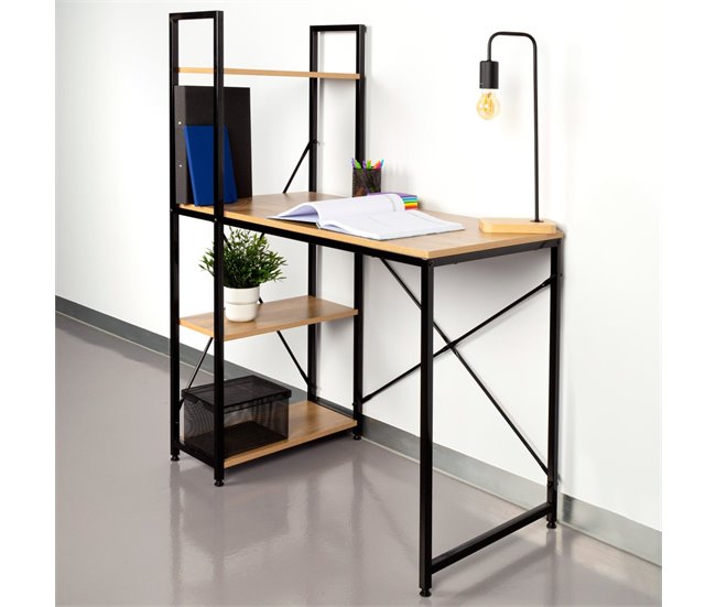 Max Home Secretária com prateleiras em madeira e aço 120x64 Preto/ Madeira