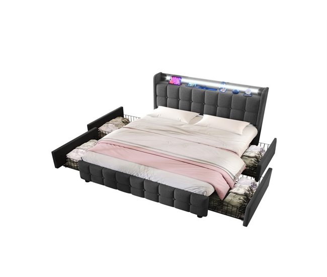 Cama de casal de madeira maciça com 4 gavetas 144x220