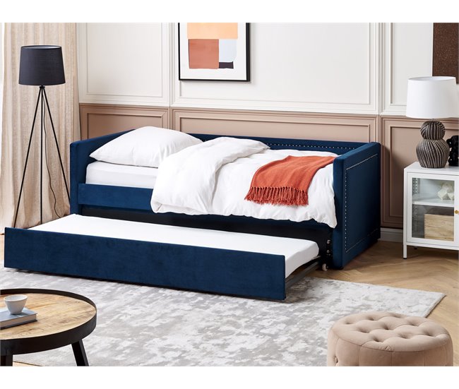 Beliani Cama com estrado Bombazine MIMIZAN Azul Marino