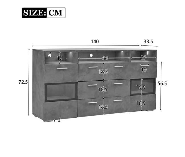 Aparador de painel de partículas com 2 portas e 3 gavetas Cinza