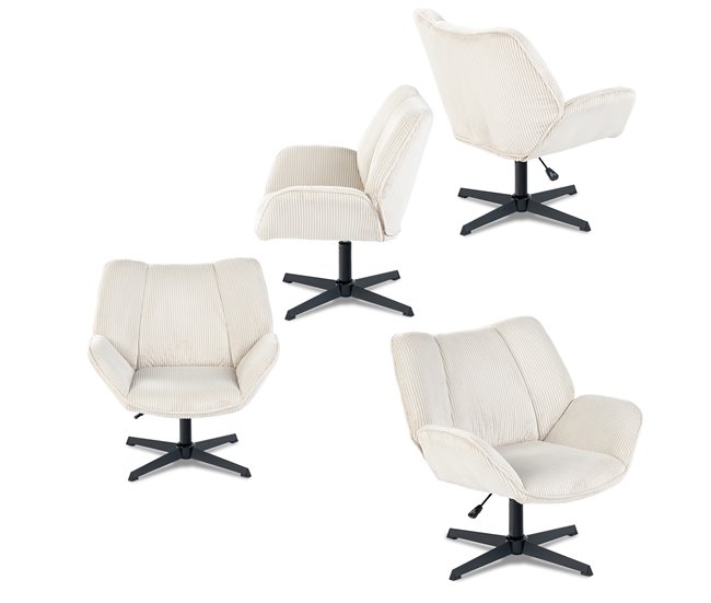 Conjunto de 4 poltronas giratórias estofadas em veludo canelado bege com altura ajustável e base metálica preta estilo escandinavo ideal para sala ou escritório moderno