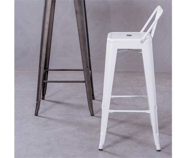 Banqueta industrial de metal com encosto baixo  - Bistro Branco