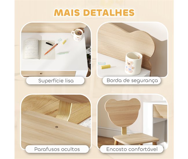 Secretária e Cadeira para Crianças MDF e Madeira de Pinho Castanho