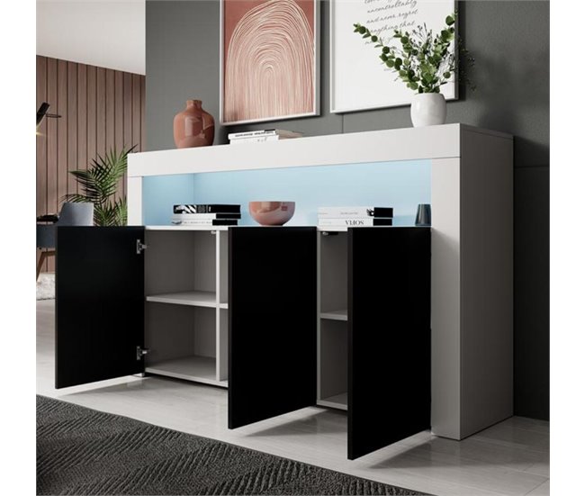 Aparador Sala de estar e jantar 3 portas LED Muebles Bonitos Branco/ Preto