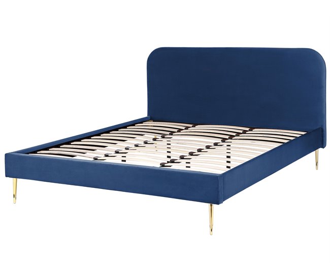 Beliani Cama com estrado Veludo FLAYAT 193x215 Azul Marino