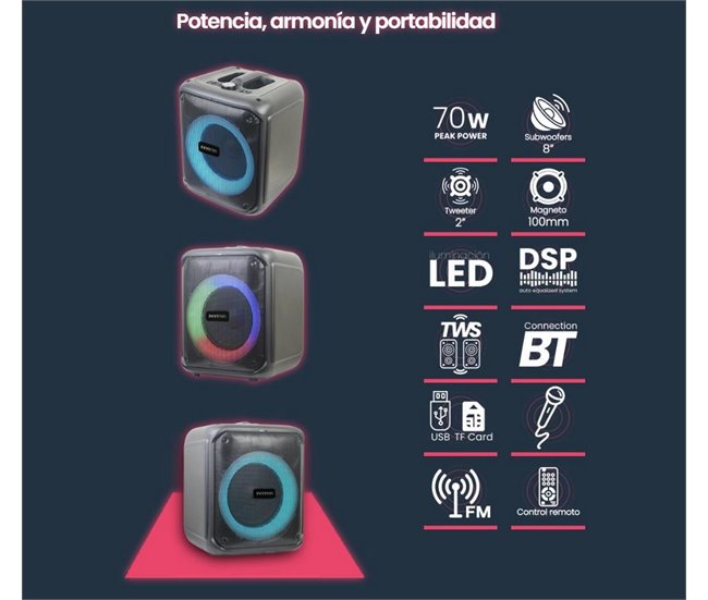 Altifalante portátil INFINITON Party EQ07, 70 W, Bluetooth, rádio FM Preto