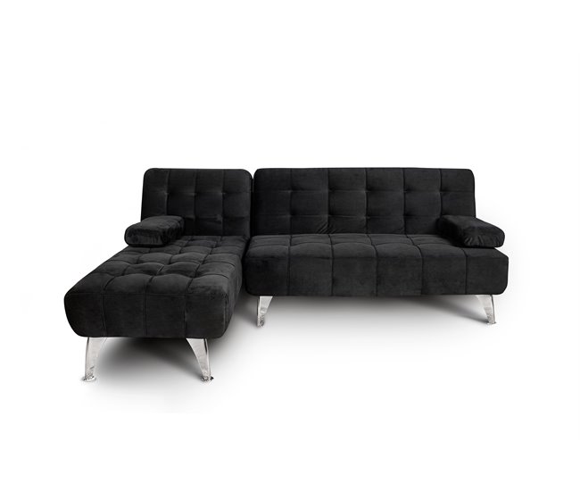 Sofá-cama com chaise longue e mesa de apoio Preto