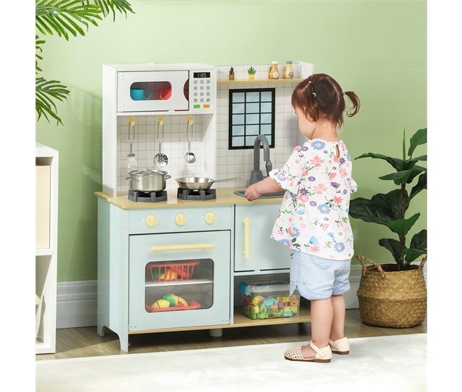 Cozinha de Brinquedo MDF, Aço Inoxidável e PP AIYAPLAY Azul